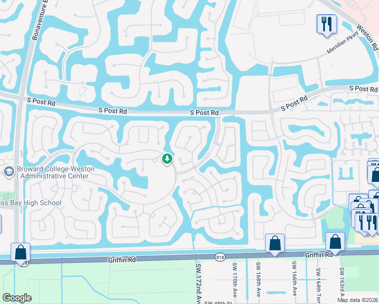map of restaurants, bars, coffee shops, grocery stores, and more near 3646 Falcon Ridge Cir in Weston