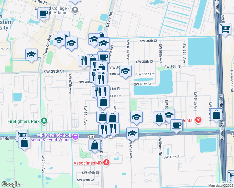 map of restaurants, bars, coffee shops, grocery stores, and more near 6291 Southwest 41st Court in Davie