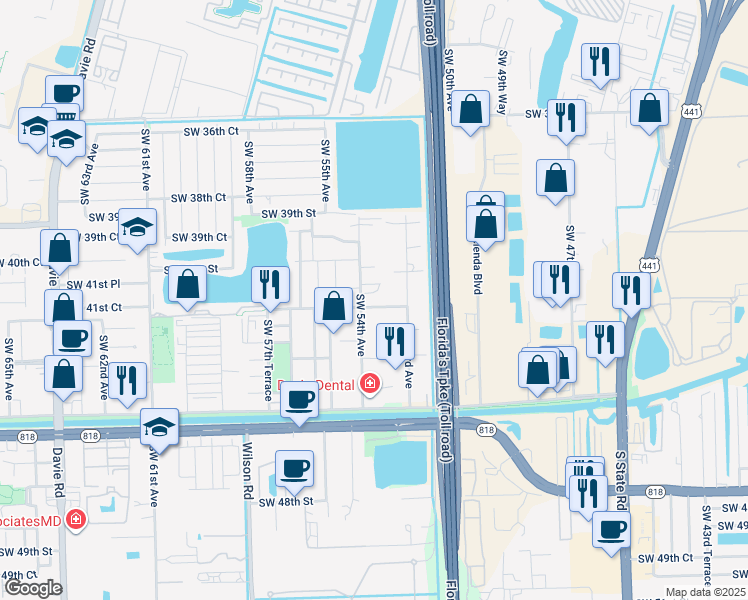 map of restaurants, bars, coffee shops, grocery stores, and more near 5375 Southwest 42nd Street in Davie
