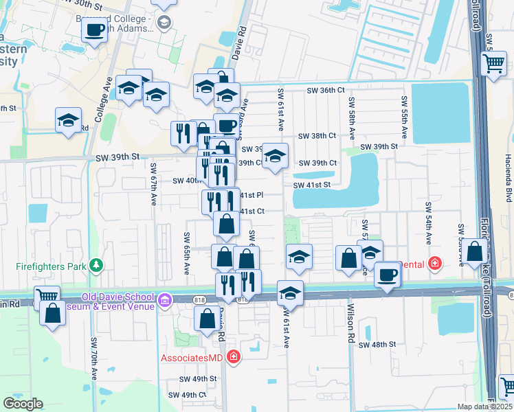 map of restaurants, bars, coffee shops, grocery stores, and more near 6291 Southwest 41st Court in Davie