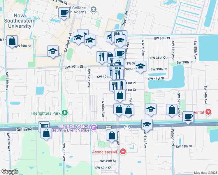 map of restaurants, bars, coffee shops, grocery stores, and more near 4164 Southwest 65th Avenue in Davie