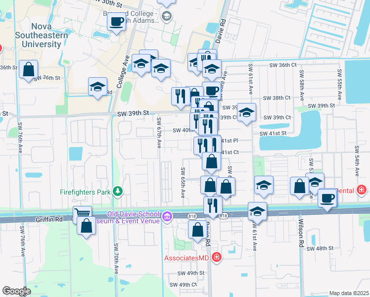 map of restaurants, bars, coffee shops, grocery stores, and more near 4164 Southwest 65th Avenue in Davie