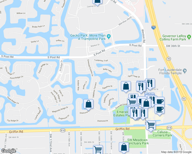 map of restaurants, bars, coffee shops, grocery stores, and more near 4104 Sapphire Terrace in Weston