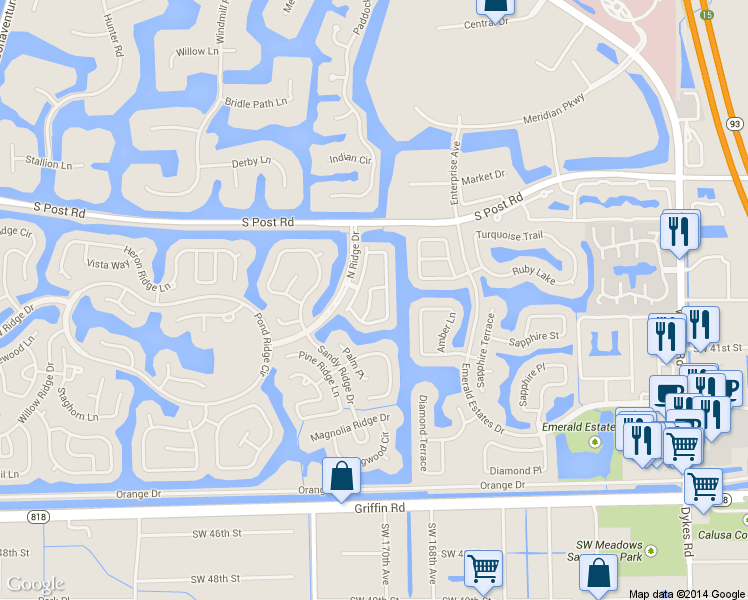 map of restaurants, bars, coffee shops, grocery stores, and more near 3945 San Simeon Lane in Weston