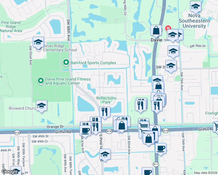 map of restaurants, bars, coffee shops, grocery stores, and more near 8360 Southwest 41st Street in Davie