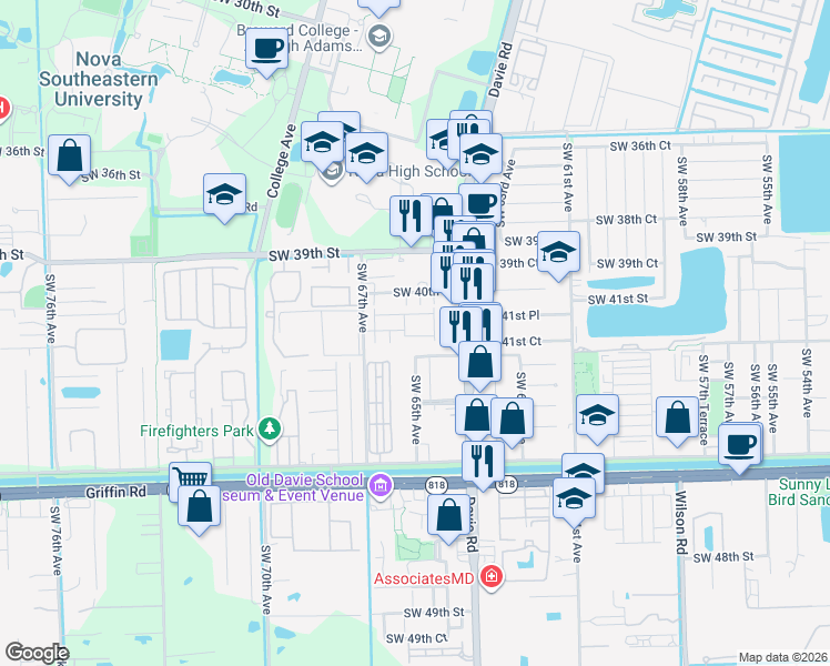 map of restaurants, bars, coffee shops, grocery stores, and more near 4161 Southwest 66th Terrace in Davie
