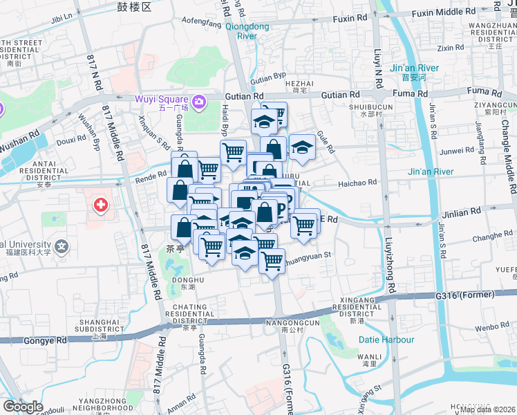 map of restaurants, bars, coffee shops, grocery stores, and more near 88 Wu Yi Zhong Lu in Fu Zhou Shi