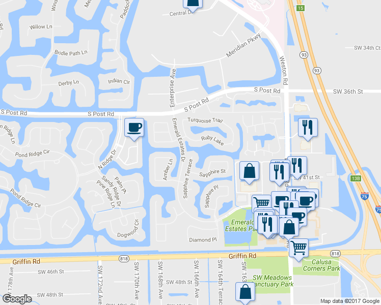 map of restaurants, bars, coffee shops, grocery stores, and more near 4104 Sapphire Terrace in Weston