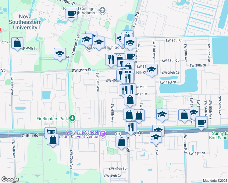 map of restaurants, bars, coffee shops, grocery stores, and more near 4164 Southwest 65th Avenue in Davie