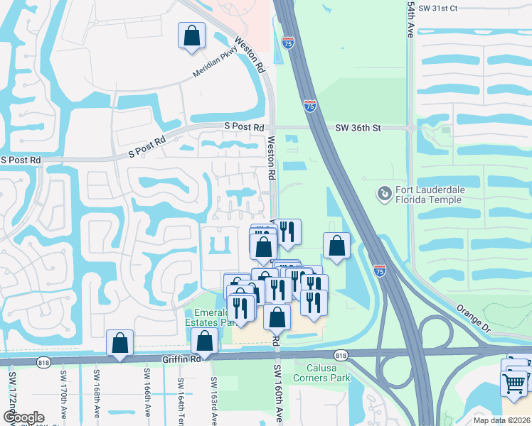 map of restaurants, bars, coffee shops, grocery stores, and more near 16016 Opal Creek Drive in Weston