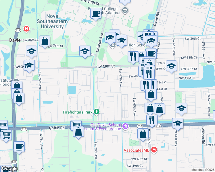 map of restaurants, bars, coffee shops, grocery stores, and more near 4191 Southwest 67th Avenue in Davie