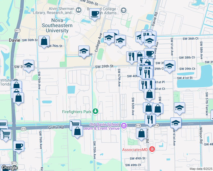 map of restaurants, bars, coffee shops, grocery stores, and more near 4191 Southwest 67th Avenue in Davie