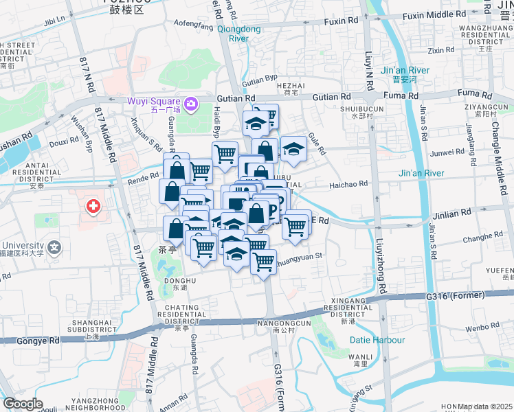 map of restaurants, bars, coffee shops, grocery stores, and more near 88 Wu Yi Zhong Lu in Fu Zhou Shi