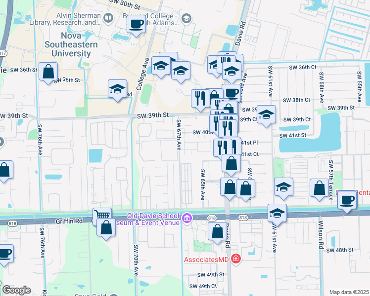 map of restaurants, bars, coffee shops, grocery stores, and more near 4199 Southwest 67th Avenue in Davie