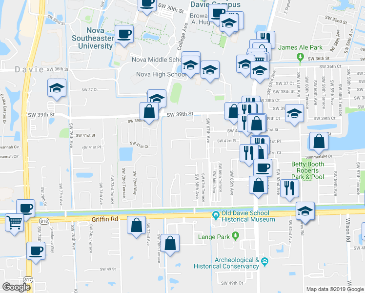 map of restaurants, bars, coffee shops, grocery stores, and more near 4191 Southwest 67th Avenue in Davie
