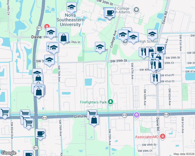 map of restaurants, bars, coffee shops, grocery stores, and more near 7201 Southwest 41st Place in Davie