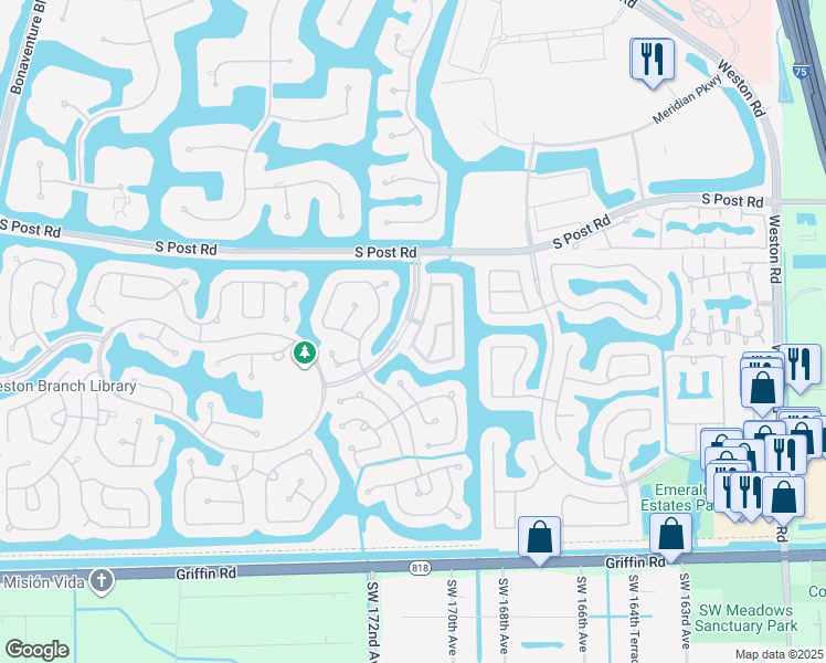map of restaurants, bars, coffee shops, grocery stores, and more near 3945 San Simeon Lane in Weston
