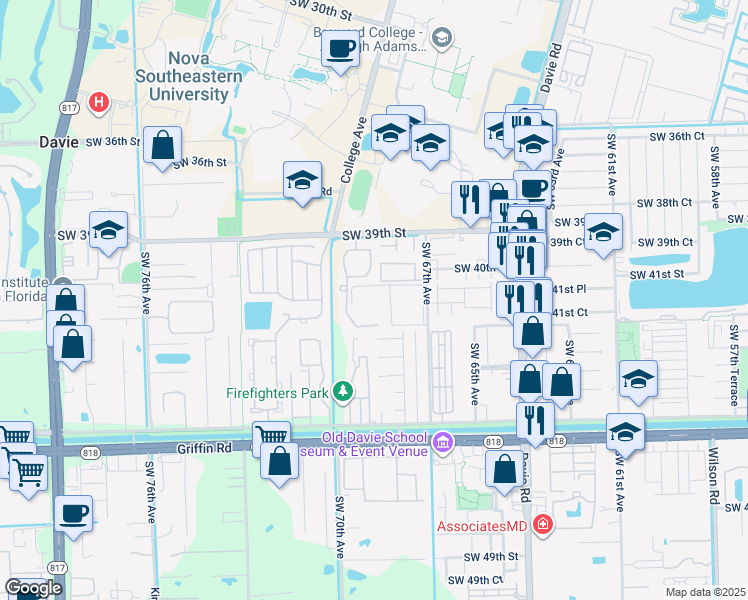 map of restaurants, bars, coffee shops, grocery stores, and more near 4191 Southwest 67th Avenue in Davie