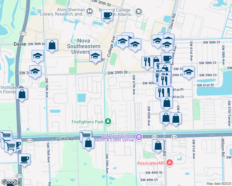 map of restaurants, bars, coffee shops, grocery stores, and more near 4165 Southwest 67th Avenue in Davie