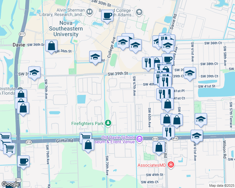 map of restaurants, bars, coffee shops, grocery stores, and more near 4163 Southwest 67th Avenue in Davie