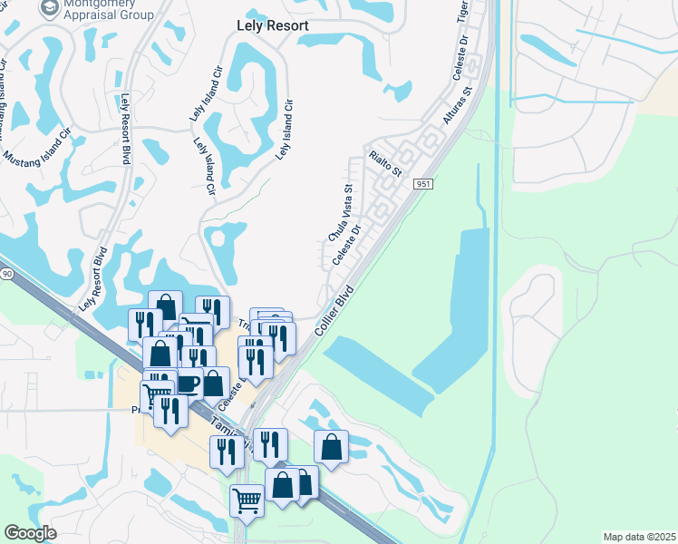 map of restaurants, bars, coffee shops, grocery stores, and more near 9163 Delano Street in Naples