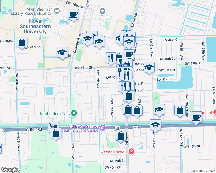 map of restaurants, bars, coffee shops, grocery stores, and more near 4161 Southwest 66th Terrace in Davie