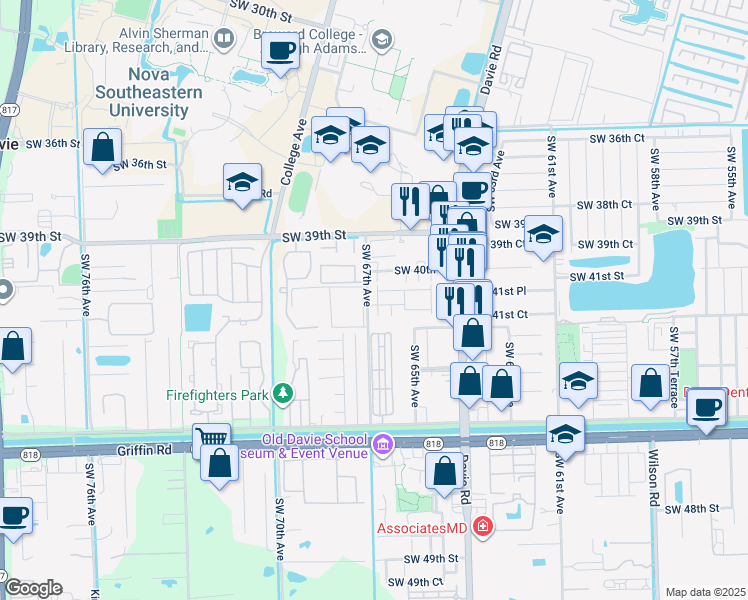 map of restaurants, bars, coffee shops, grocery stores, and more near 4199 Southwest 67th Avenue in Davie