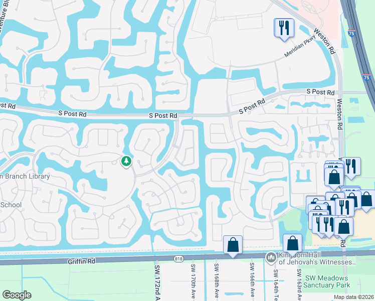 map of restaurants, bars, coffee shops, grocery stores, and more near 3945 San Simeon Lane in Weston
