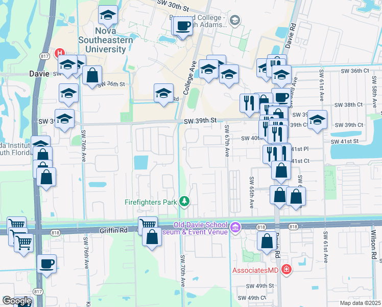 map of restaurants, bars, coffee shops, grocery stores, and more near 6976 Southwest 39th Street in Davie