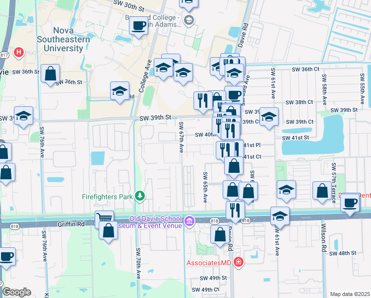 map of restaurants, bars, coffee shops, grocery stores, and more near 4199 Southwest 67th Avenue in Davie
