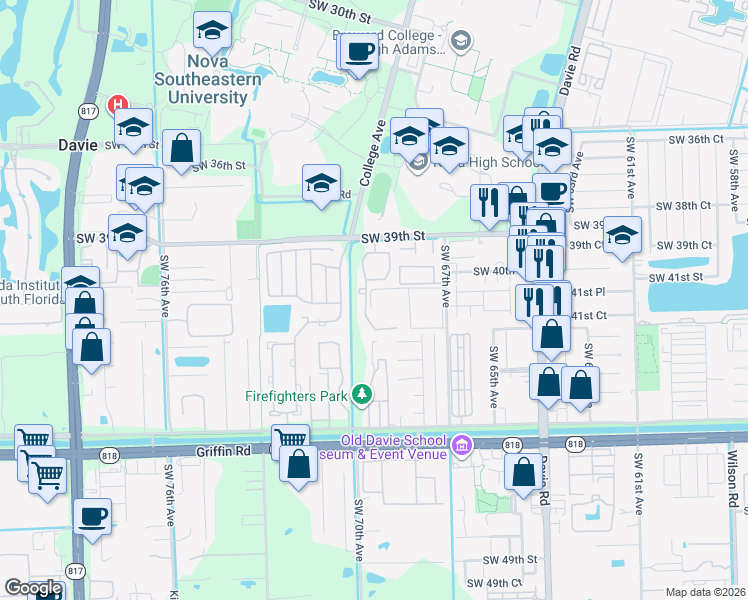 map of restaurants, bars, coffee shops, grocery stores, and more near 6976 Southwest 39th Street in Davie