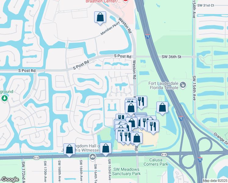 map of restaurants, bars, coffee shops, grocery stores, and more near 16000 Emerald Cove Road in Weston
