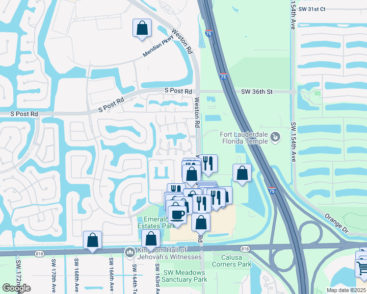 map of restaurants, bars, coffee shops, grocery stores, and more near 16106 Opal Creek Drive in Weston
