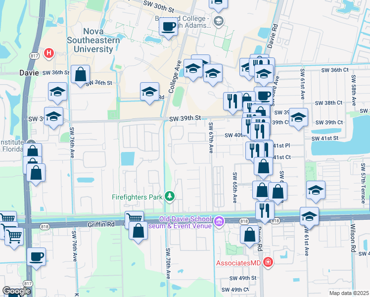 map of restaurants, bars, coffee shops, grocery stores, and more near 4191 Southwest 67th Avenue in Davie