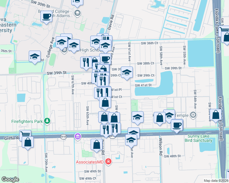 map of restaurants, bars, coffee shops, grocery stores, and more near 6291 Southwest 41st Court in Davie