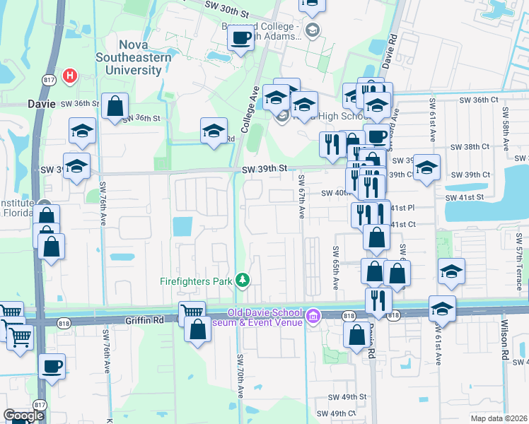 map of restaurants, bars, coffee shops, grocery stores, and more near 4191 Southwest 67th Avenue in Davie