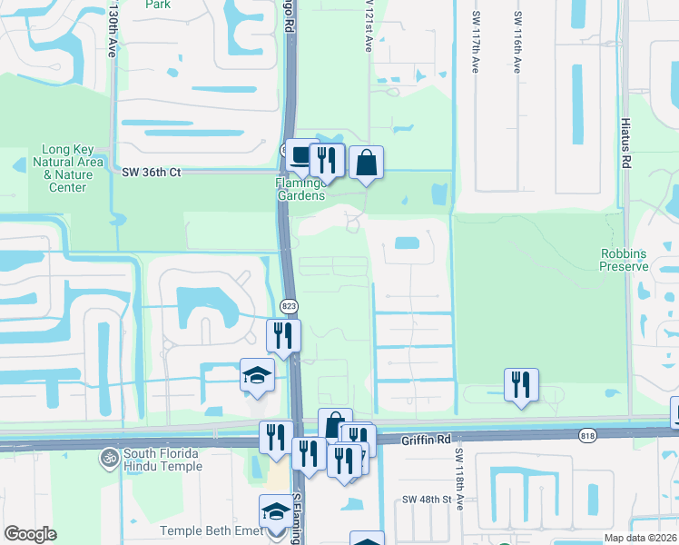 map of restaurants, bars, coffee shops, grocery stores, and more near Southwest 121st Terrace in Davie