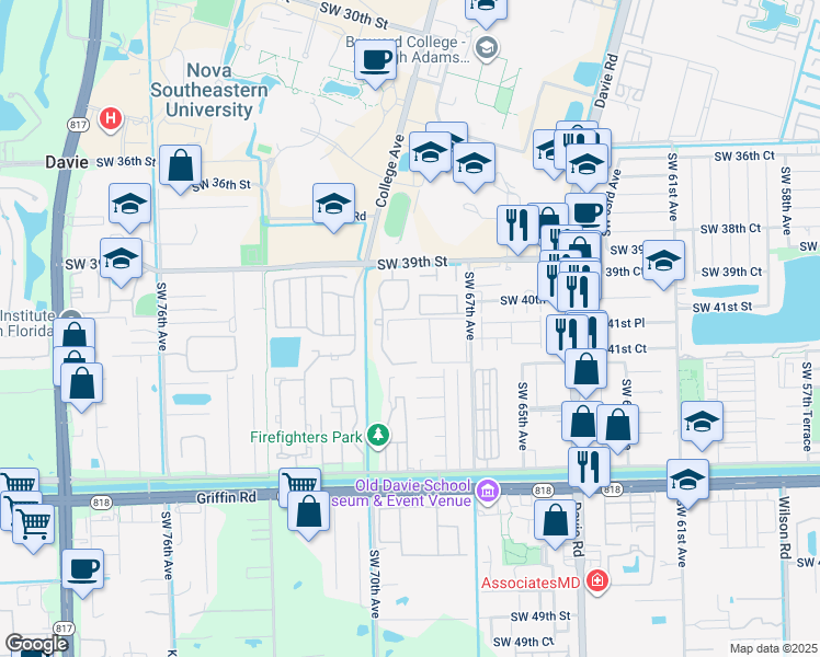 map of restaurants, bars, coffee shops, grocery stores, and more near 4163 Southwest 67th Avenue in Davie