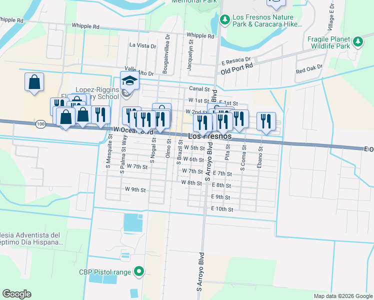 map of restaurants, bars, coffee shops, grocery stores, and more near 299 South Brazil Street in Los Fresnos