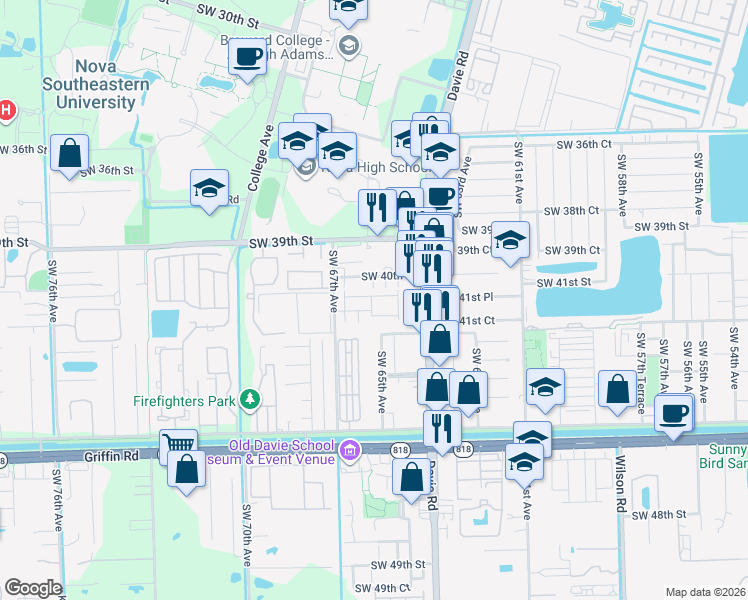 map of restaurants, bars, coffee shops, grocery stores, and more near 4161 Southwest 66th Terrace in Davie