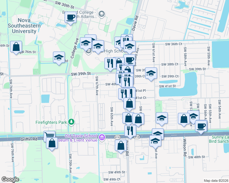 map of restaurants, bars, coffee shops, grocery stores, and more near 4164 Southwest 65th Avenue in Davie