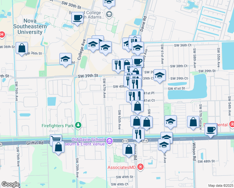 map of restaurants, bars, coffee shops, grocery stores, and more near 4161 Southwest 66th Terrace in Davie