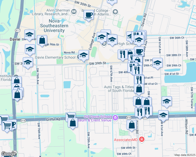 map of restaurants, bars, coffee shops, grocery stores, and more near 4191 Southwest 67th Avenue in Davie