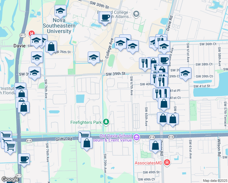 map of restaurants, bars, coffee shops, grocery stores, and more near 6976 Southwest 39th Street in Davie