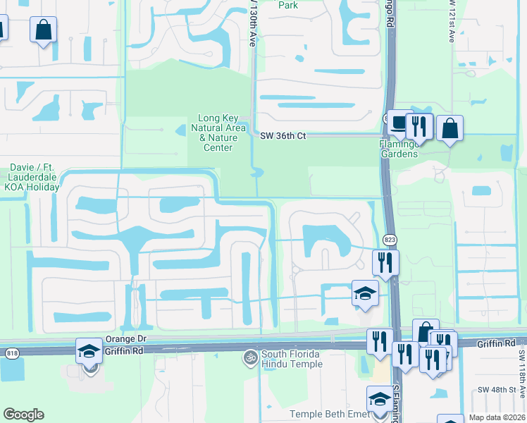 map of restaurants, bars, coffee shops, grocery stores, and more near 13012 Southwest 40 Street in Davie