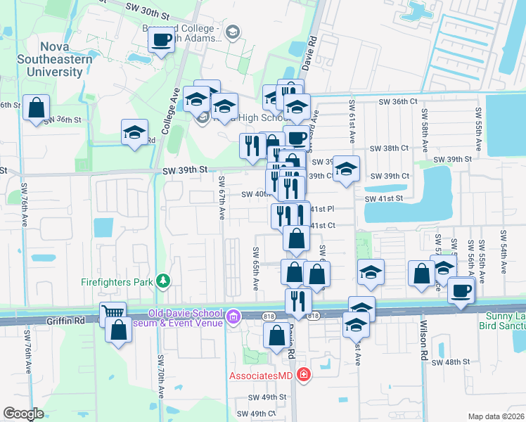 map of restaurants, bars, coffee shops, grocery stores, and more near 4164 Southwest 65th Avenue in Davie