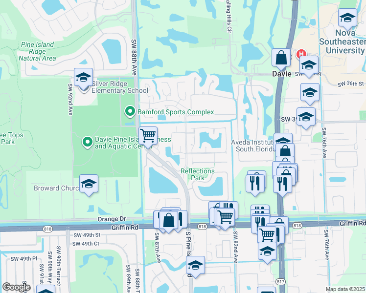map of restaurants, bars, coffee shops, grocery stores, and more near 8530 Old Country Manor in Davie