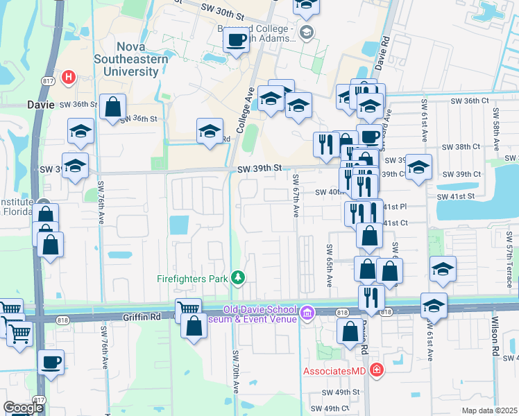 map of restaurants, bars, coffee shops, grocery stores, and more near 4165 Southwest 67th Avenue in Davie