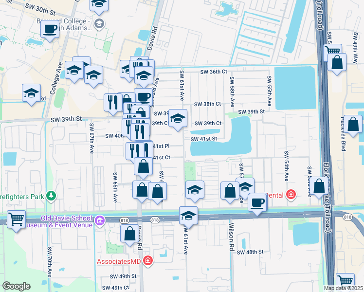 map of restaurants, bars, coffee shops, grocery stores, and more near 6200 Southwest 41st Street in Davie