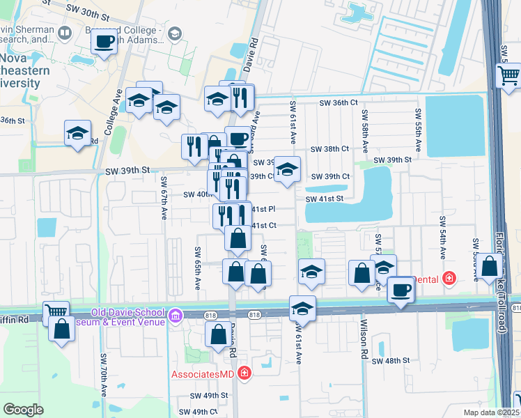 map of restaurants, bars, coffee shops, grocery stores, and more near 6300 Southwest 41st Street in Davie